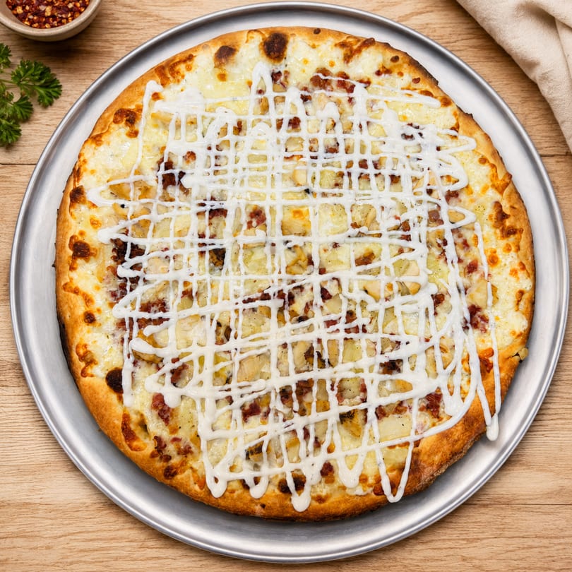 A whole pizza with white sauce, bacon, and pineapple, drizzled with a white lattice pattern.