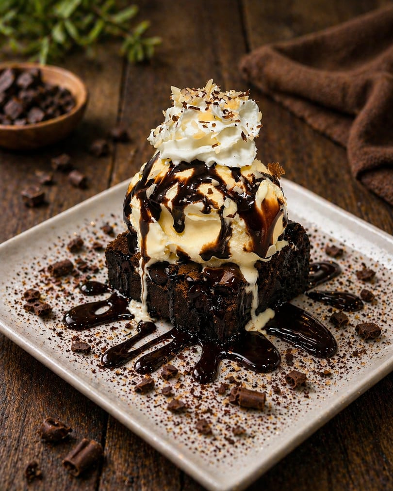 Decadent brownie dessert topped with vanilla ice cream, chocolate syrup, whipped cream, and sprinkles.
