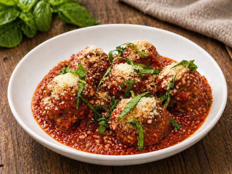 Five meatballs in rich red sauce, topped with grated cheese and fresh basil, in a white bowl.